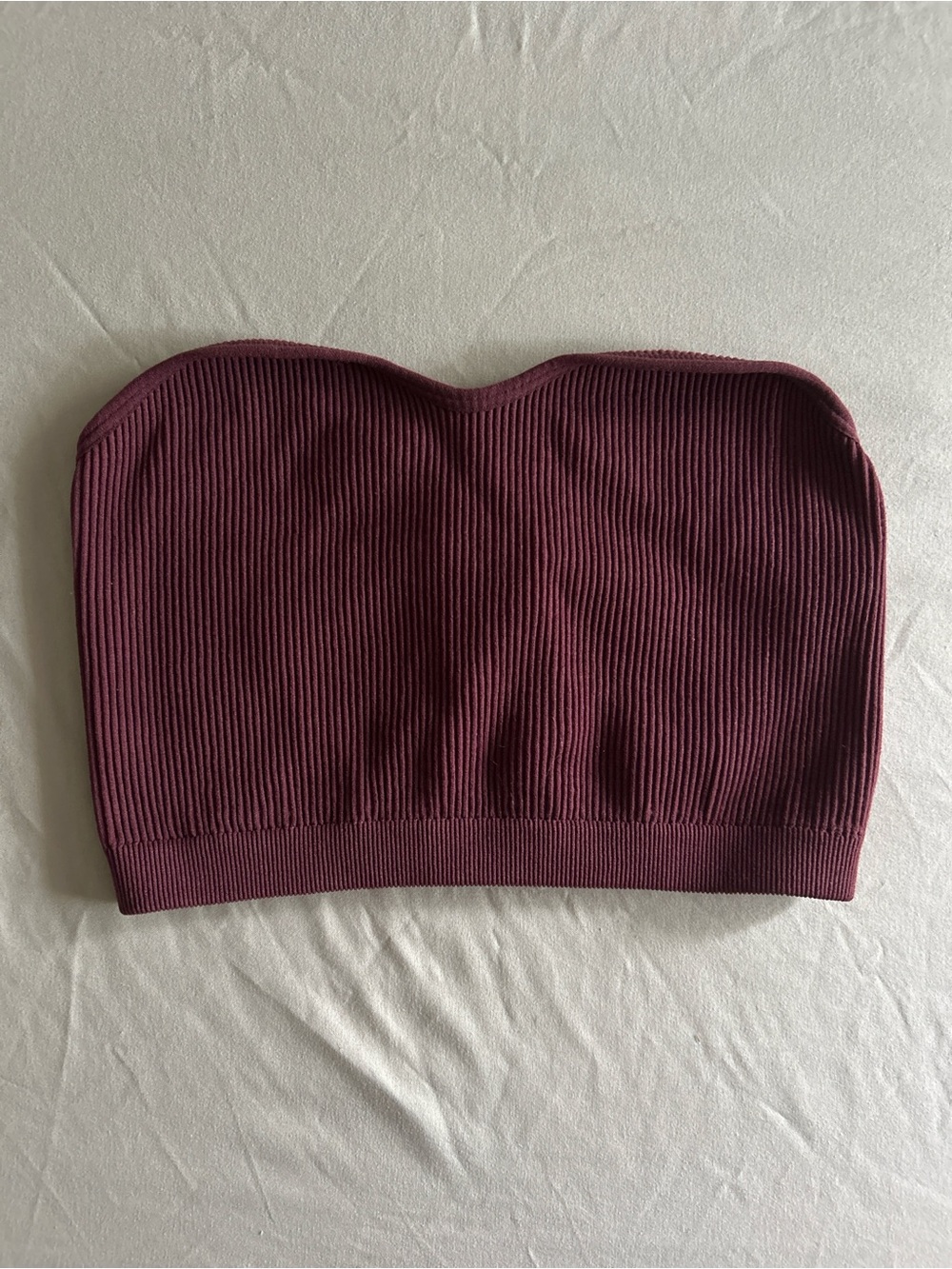 Ribbed Strapless Bandeau Crop Top - Burgundy